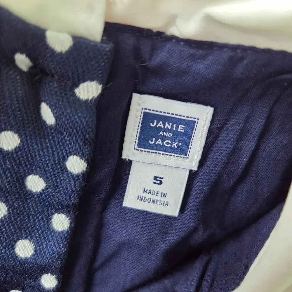 Janie & Jack Girls 5 Navy Polka Dot Jacquard Shift Dress Nautical Summer Classic